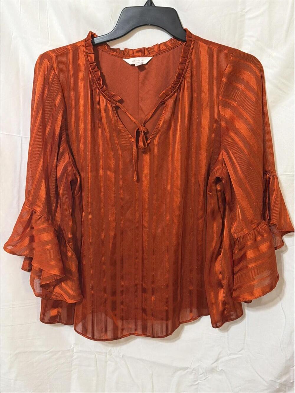 LAUREN CONRAD WOMENS BLOUSE RUST SIZE 2XL RUFFLE HALF SLEEVE BUSINESS DRESSY